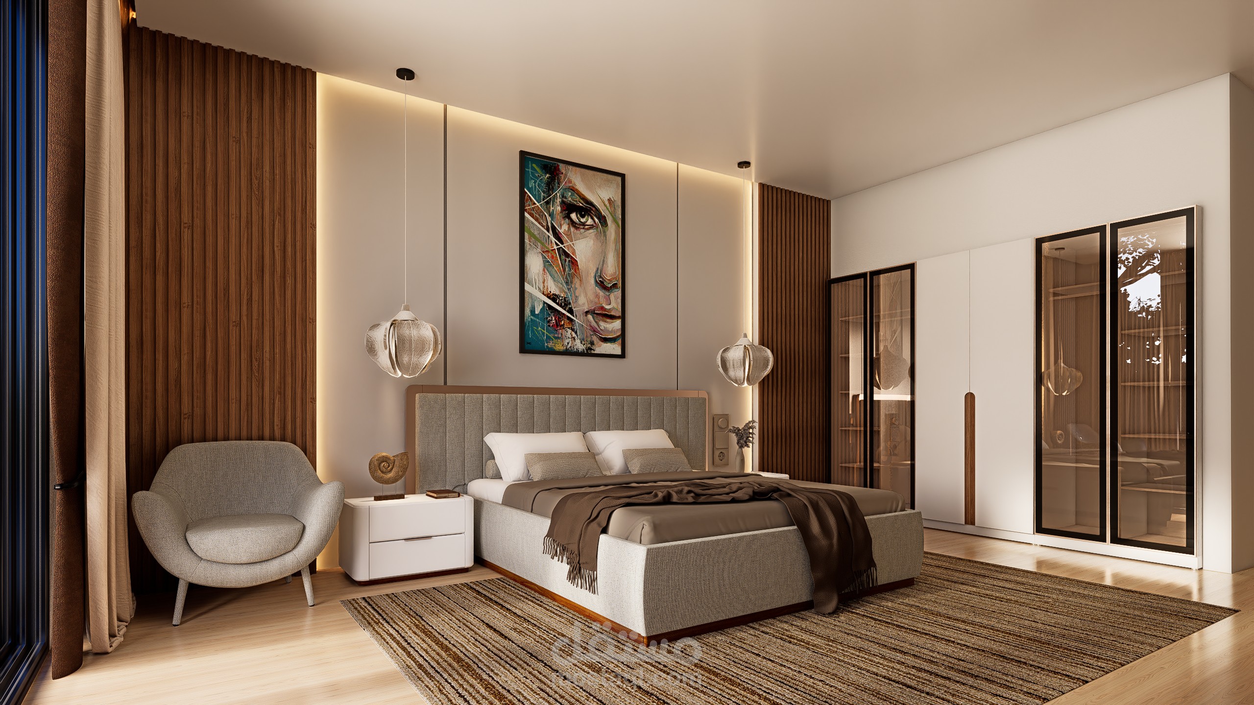 نمذجة وإظهار ثلاثي الأبعاد (3D Visualization) لغرفة نوم رئيسية حديثة