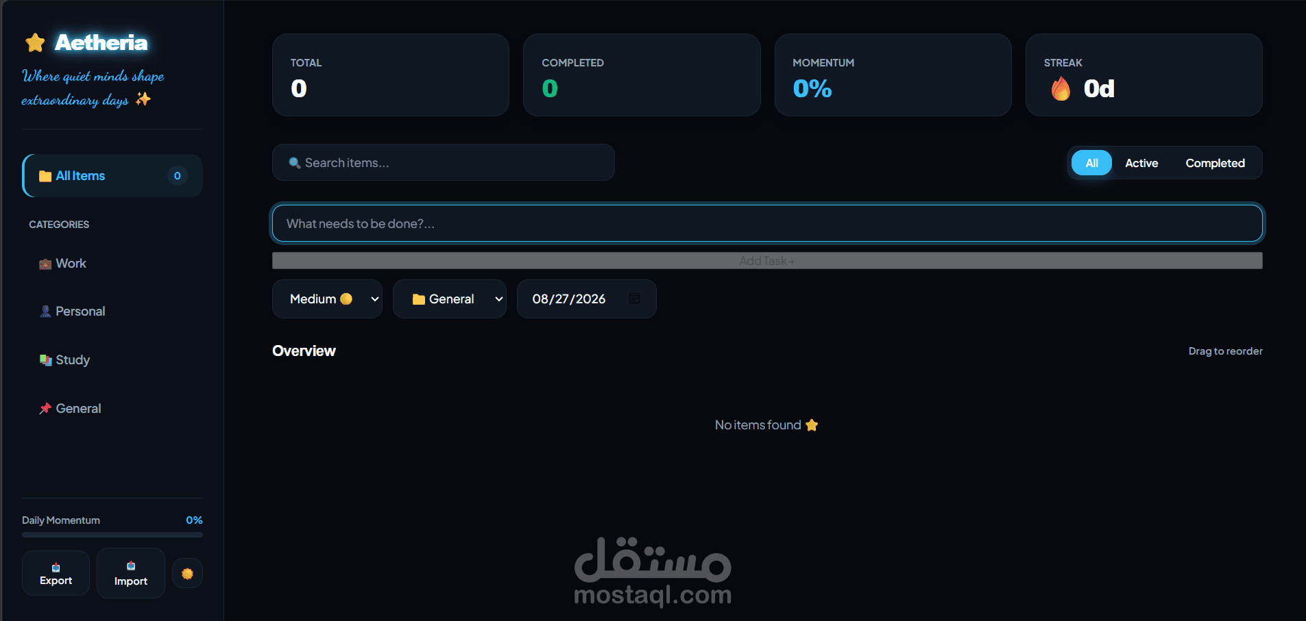 Aetheria – Todo & Productivity Dashboard