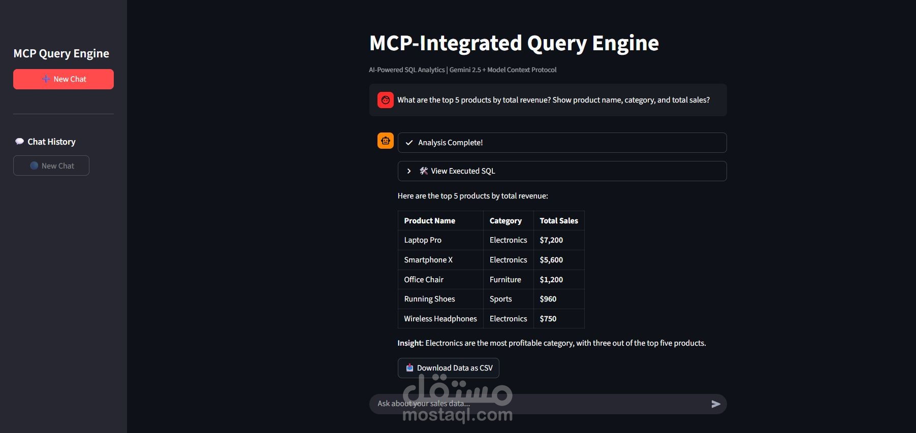 وكيل ذكاء اصطناعي لتحليل قواعد البيانات عبر بروتوكول MCP (Text-to-SQL)