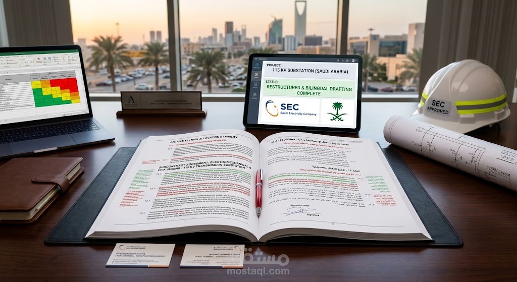 مراجعة وصياغة عقد مقاولات من الباطن لمشروع بنية تحتية كهربائية وفق الأنظمة السعودية