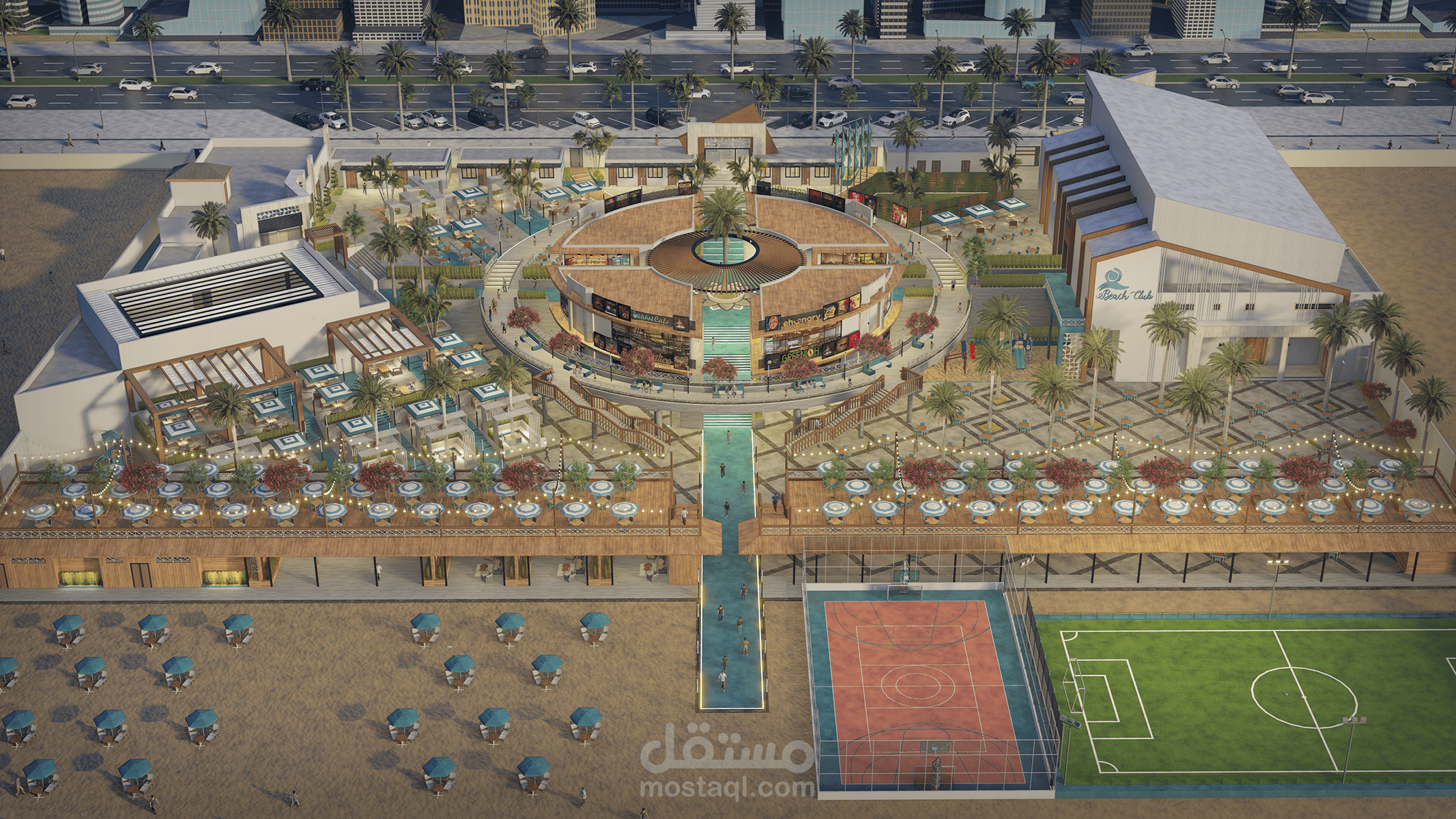 تصميم وتطوير منتجع ساحلي ونادٍ شاطئي متكامل (Beach Club) بنظام 3D احترافي