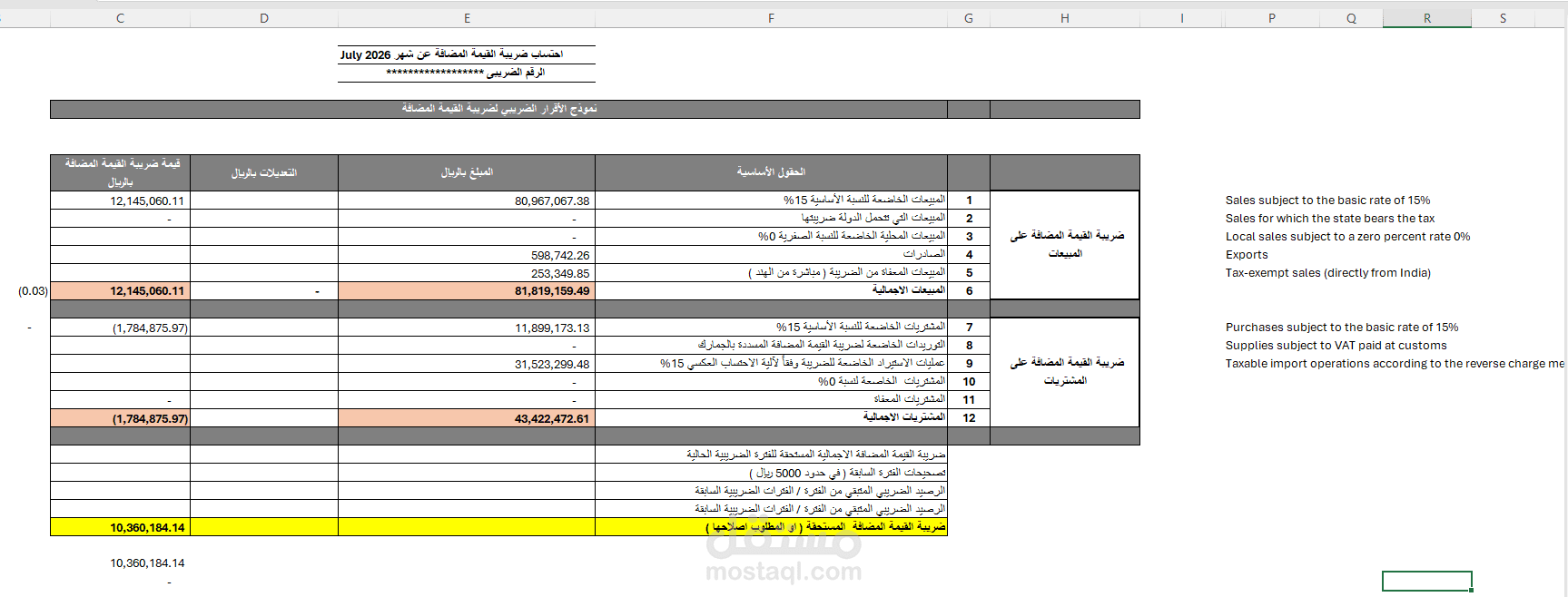 إعداد نموذج احتساب ضريبة القيمة المضافة VAT وإعداد ملخص الإقرار الضريبي.