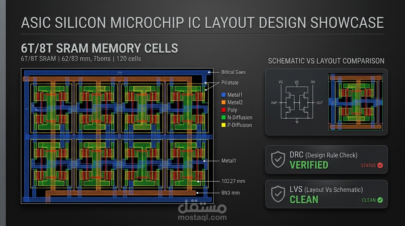 تصميم وتخطيط الدوائر المتكاملة لخلايا ذاكرة SRAM (6T & 8T) | ASIC IC Layout & Physical Design