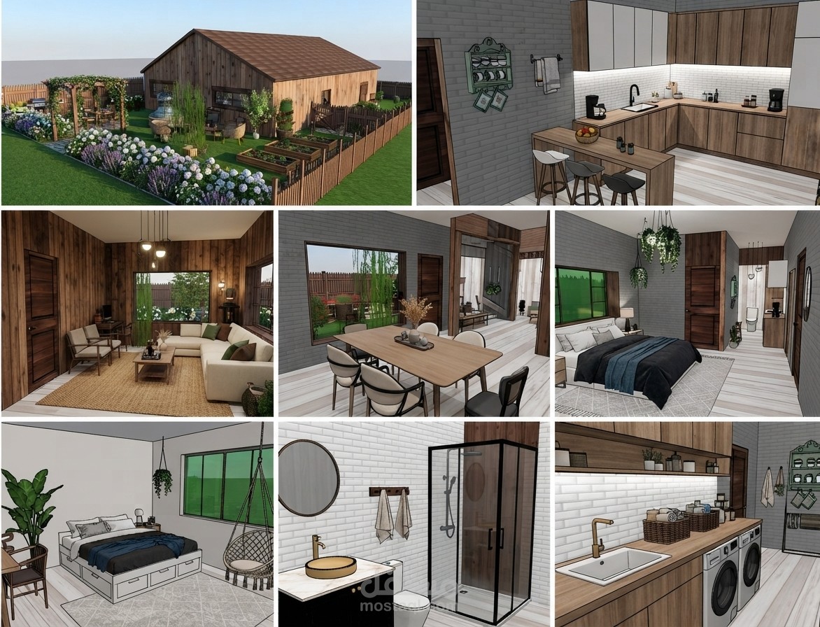 تصميم منزل ريفي متكامل مع تنسيق حديقة خارجية وخشبية  Rustic Country House Design with Landscaped Yard