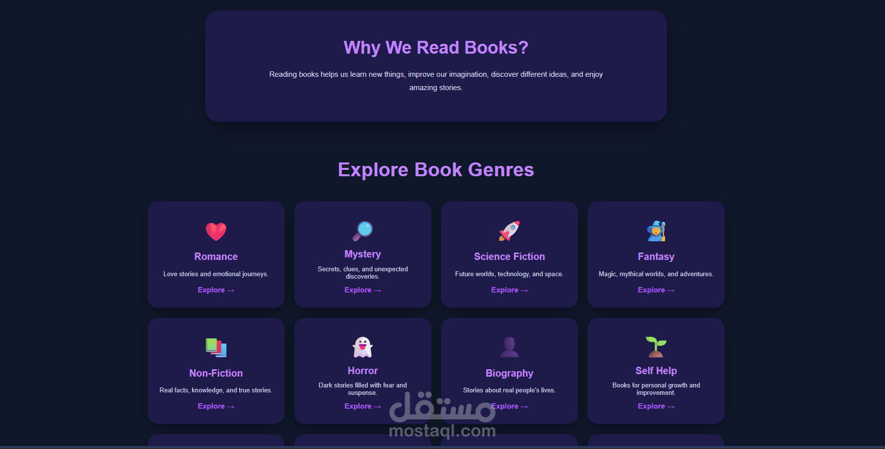 # متجر كتب إلكتروني تفاعلي  تصميم وتطوير متجر كتب إلكتروني متكامل لعرض الكتب وتصنيفها حسب النوع، مع واجهة عصرية وتفاعلية وسهلة الاستخدام.