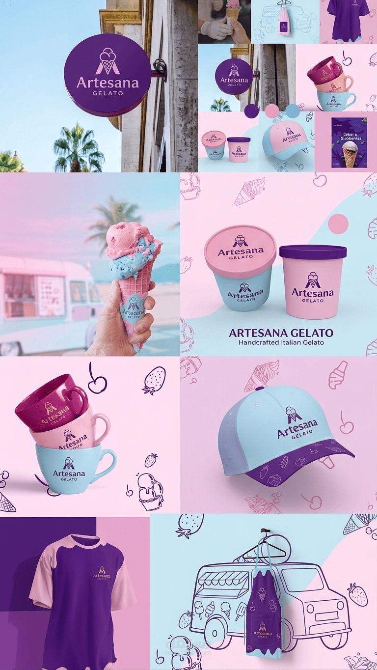 تصميم هوية بصرية مبهجة وتغليف لبراند آيس كريم إيطالي | Artesana GELATO