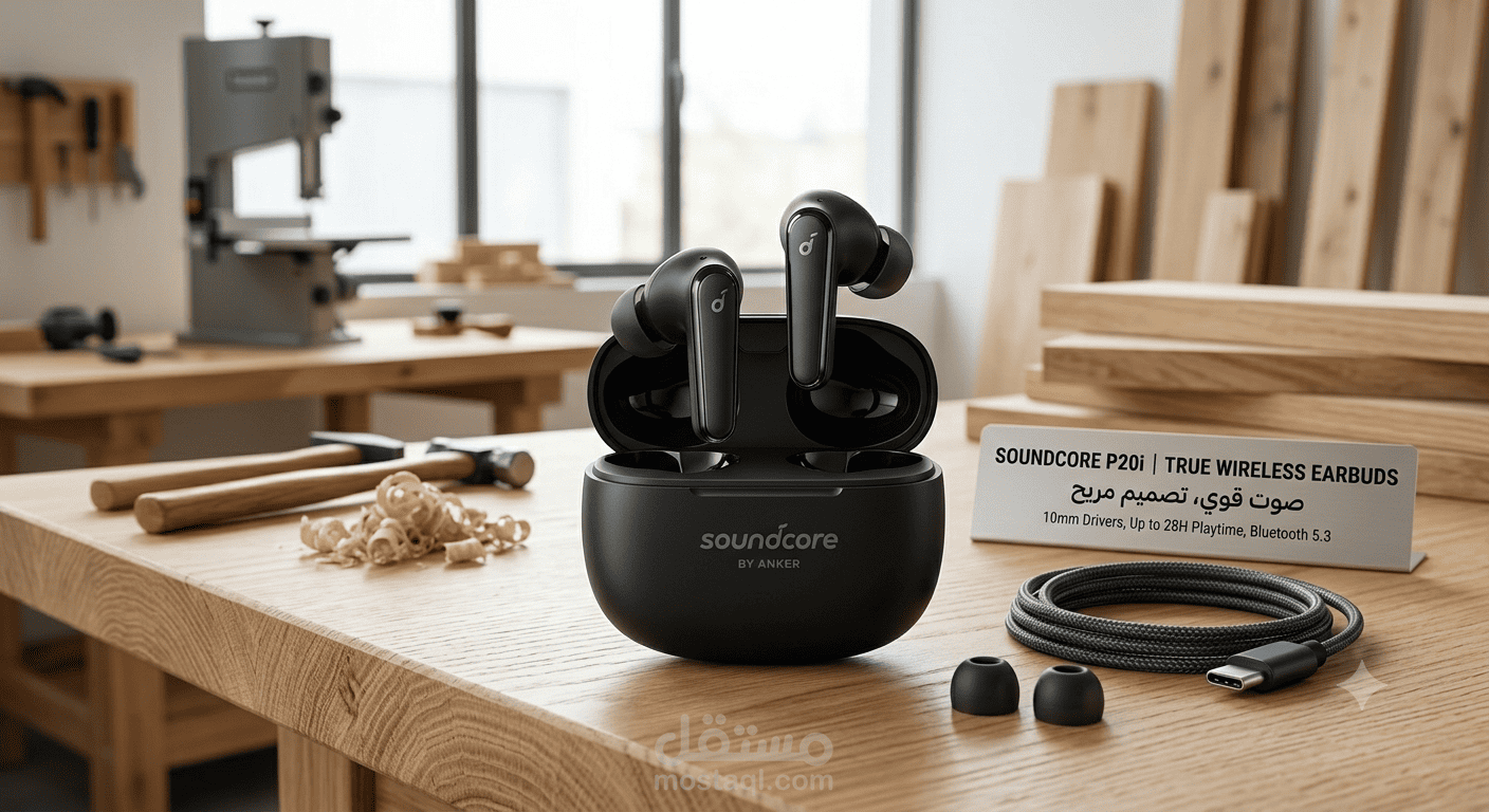 تصميم إعلاني تجاري لسماعات Soundcore P20i باستخدام الذكاء الاصطناعي