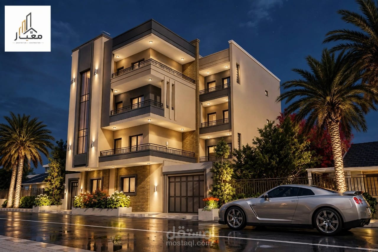 تصميم 3D خارجي لمبني مكون من دور ارضي وثلاث طوابق متكررة