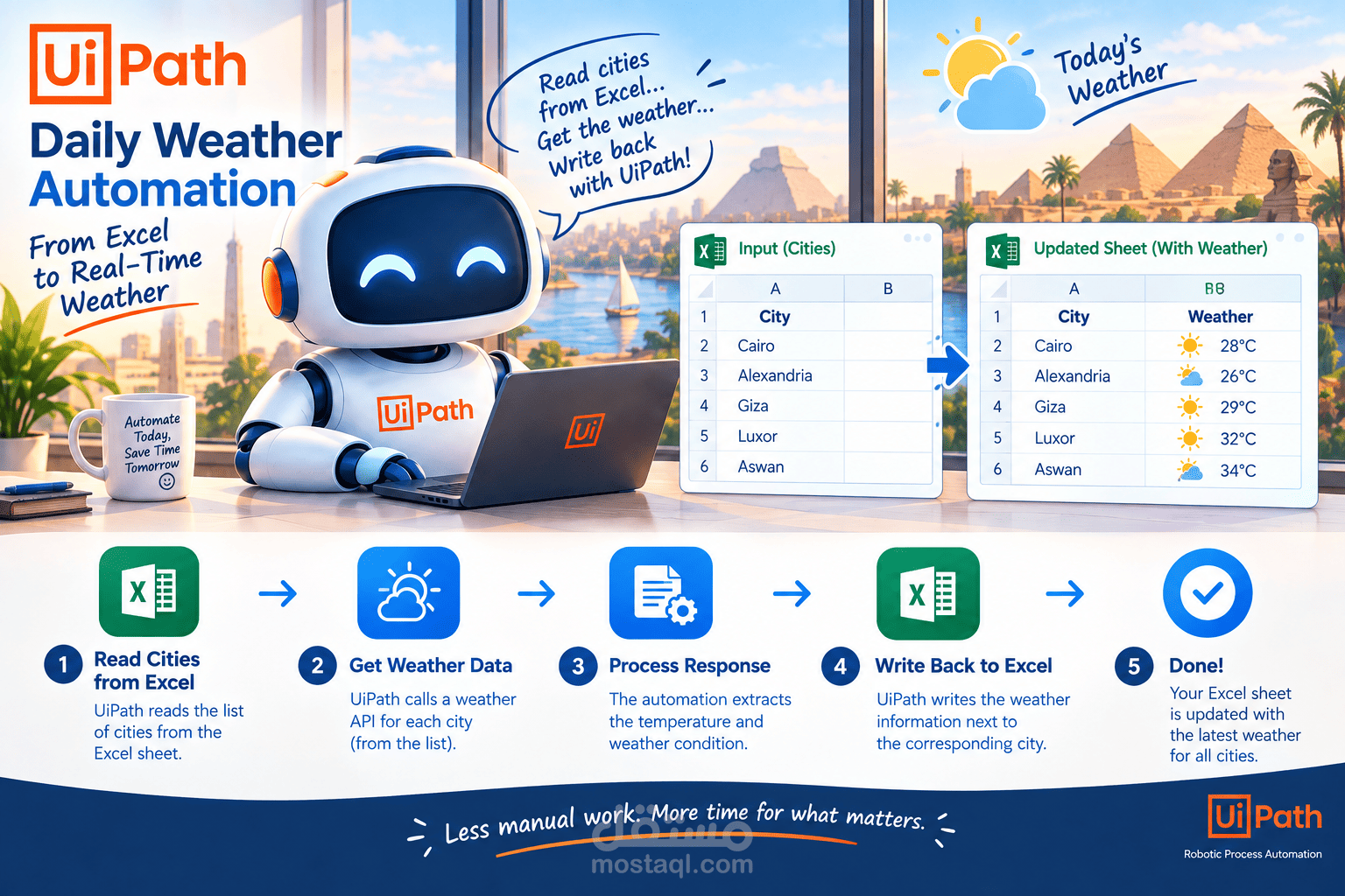 أتمتة جلب وتحديث بيانات الطقس اليومية باستخدام UiPath (Weather Automation Workflow)