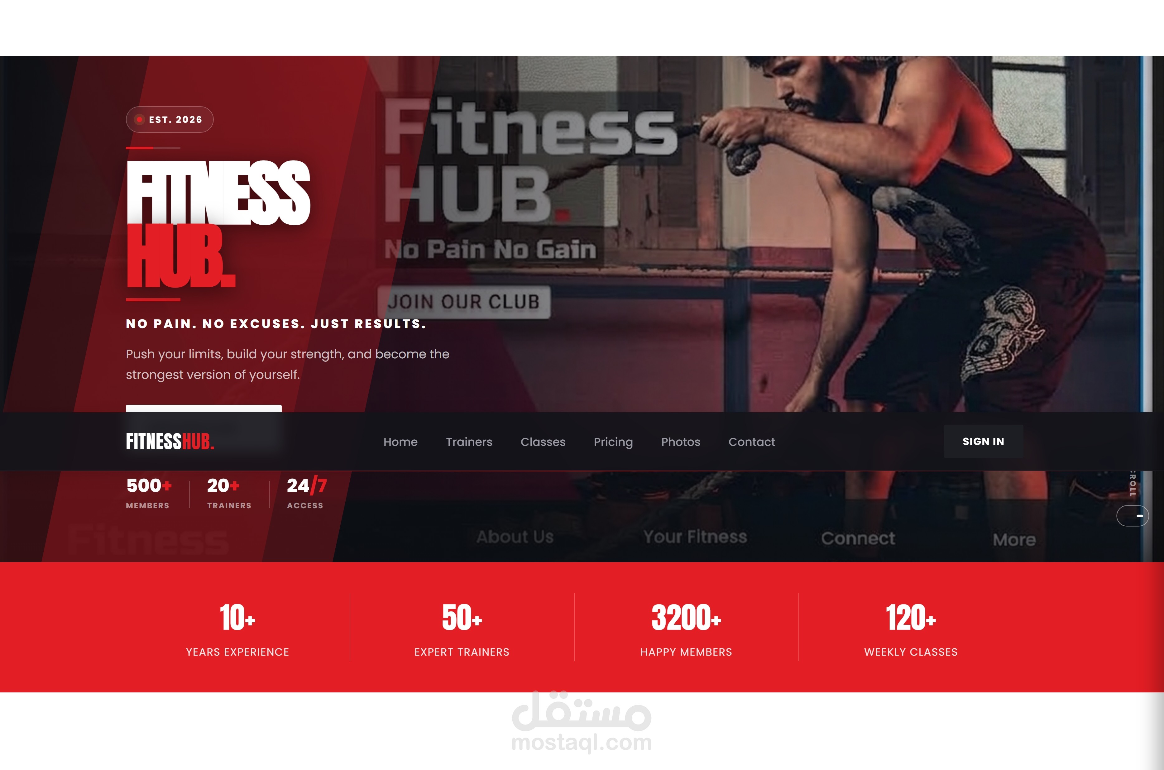 موقع FitnessHUB للنوادي الرياضية — واجهة تفاعلية كاملة (HTML/CSS/JavaScript)