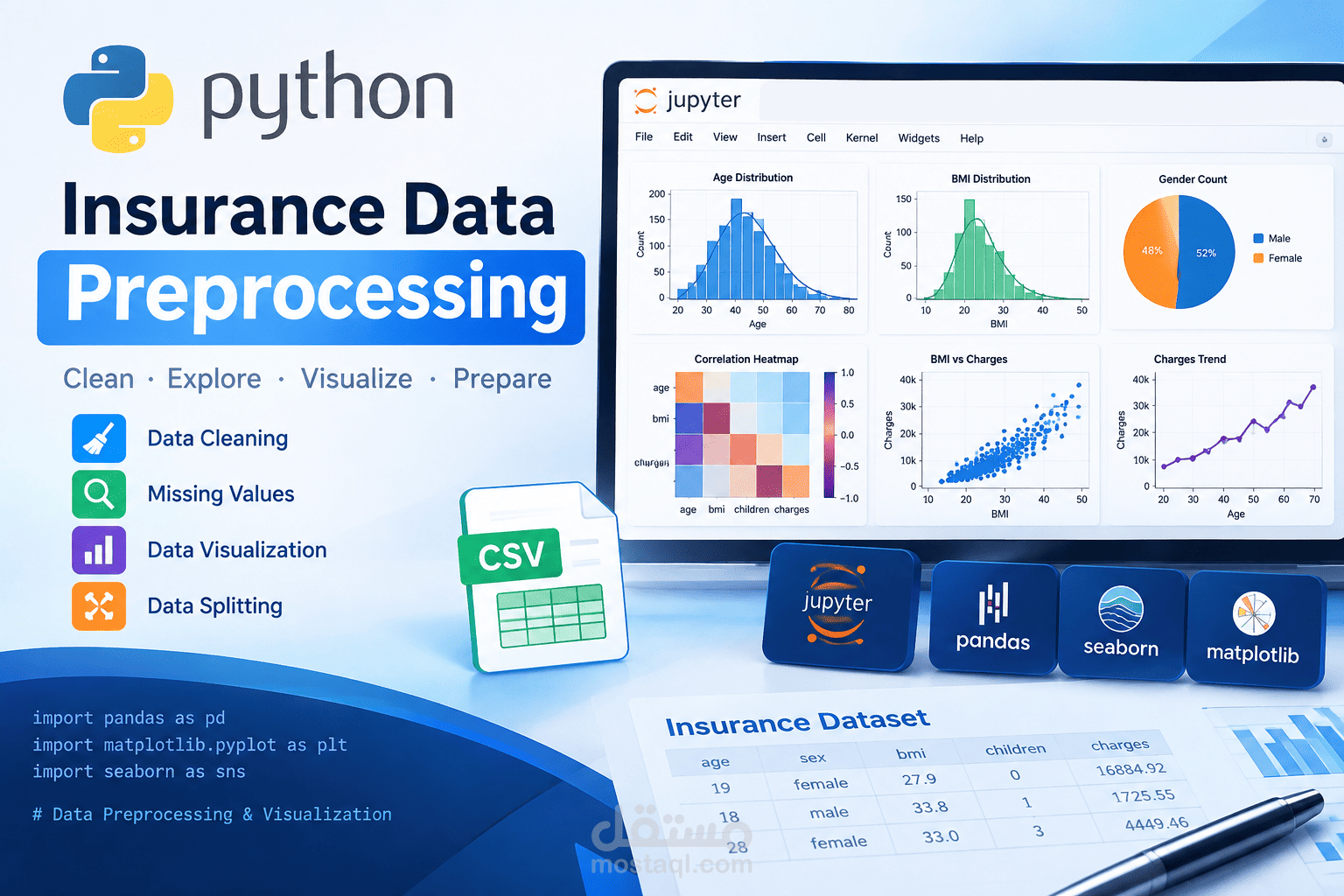 تنظيف وتحليل بيانات التأمين باستخدام Python