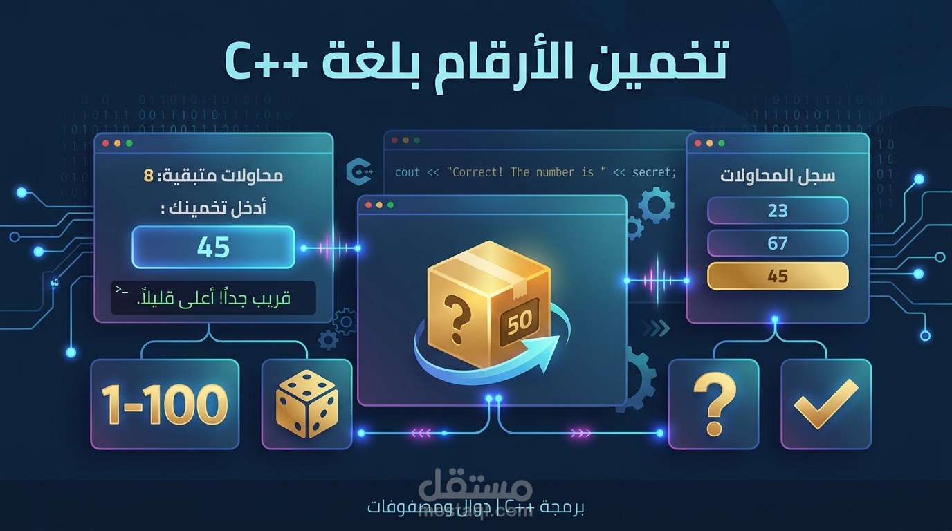 تطوير لعبة تخمين الأرقام بلغة ++C مع تتبع المحاولات وبناء ودّي للمستخدم