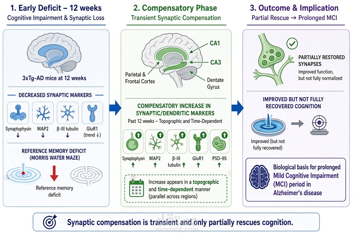 كتابة ورقة علمية بحثية أصلية حول ظاهرة التعويض التشابكي (Synaptic Compensation) كسبب محتمل لمرحلة الضعف الإدراكي الخفيف المطولة في مرض الزهايمر – دراسة على نموذج الفئران المعدلة وراثياً 3xTg-AD