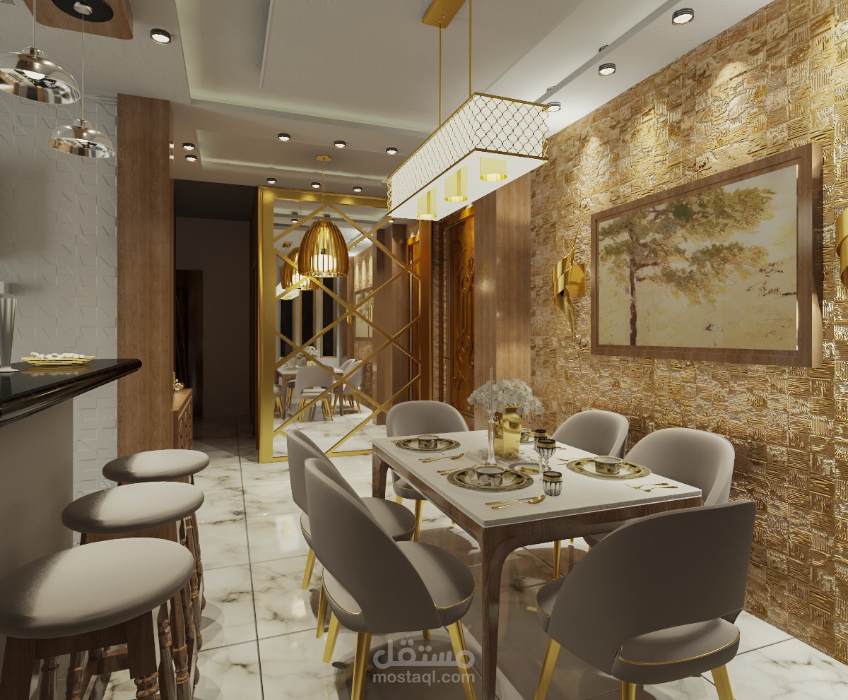 تصميم ديكور صالون + معيشة + طعام - سورية