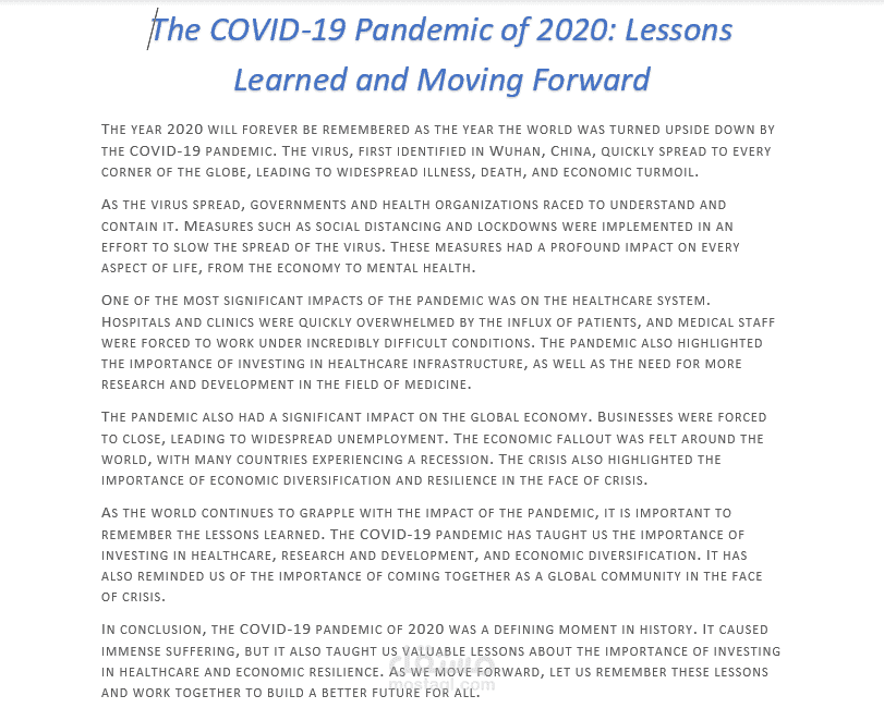 كتابة مقالة احترافية بجودة عالية باللغة الانجليزية بعنوان "The COVID-19 Pandemic of 2020: Lessons Learned and Moving Forward"
