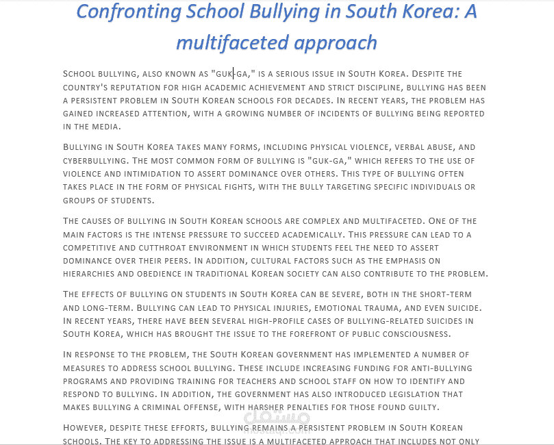 كتابة مقالة احترافية بجودة عالية باللغة الانجليزية بعنوان "Confronting School Bullying in South Korea: A multifaceted approach"