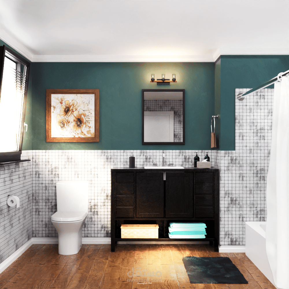 تصميم داخلي و إظهار معماري لحمام كلاسكي 3D RENDERING