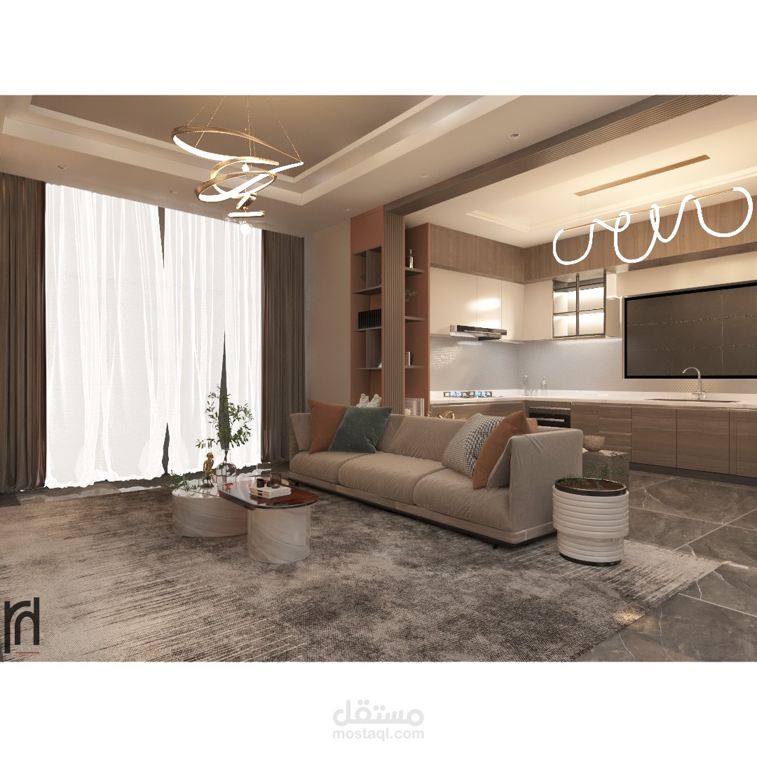 تصميم مطبخ مع غرفة جلوس