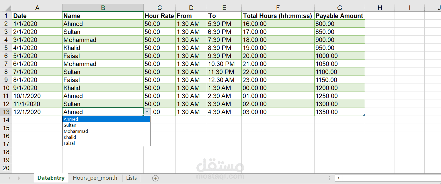 اكسل شيت لحساب ساعات العمل والمكافآت