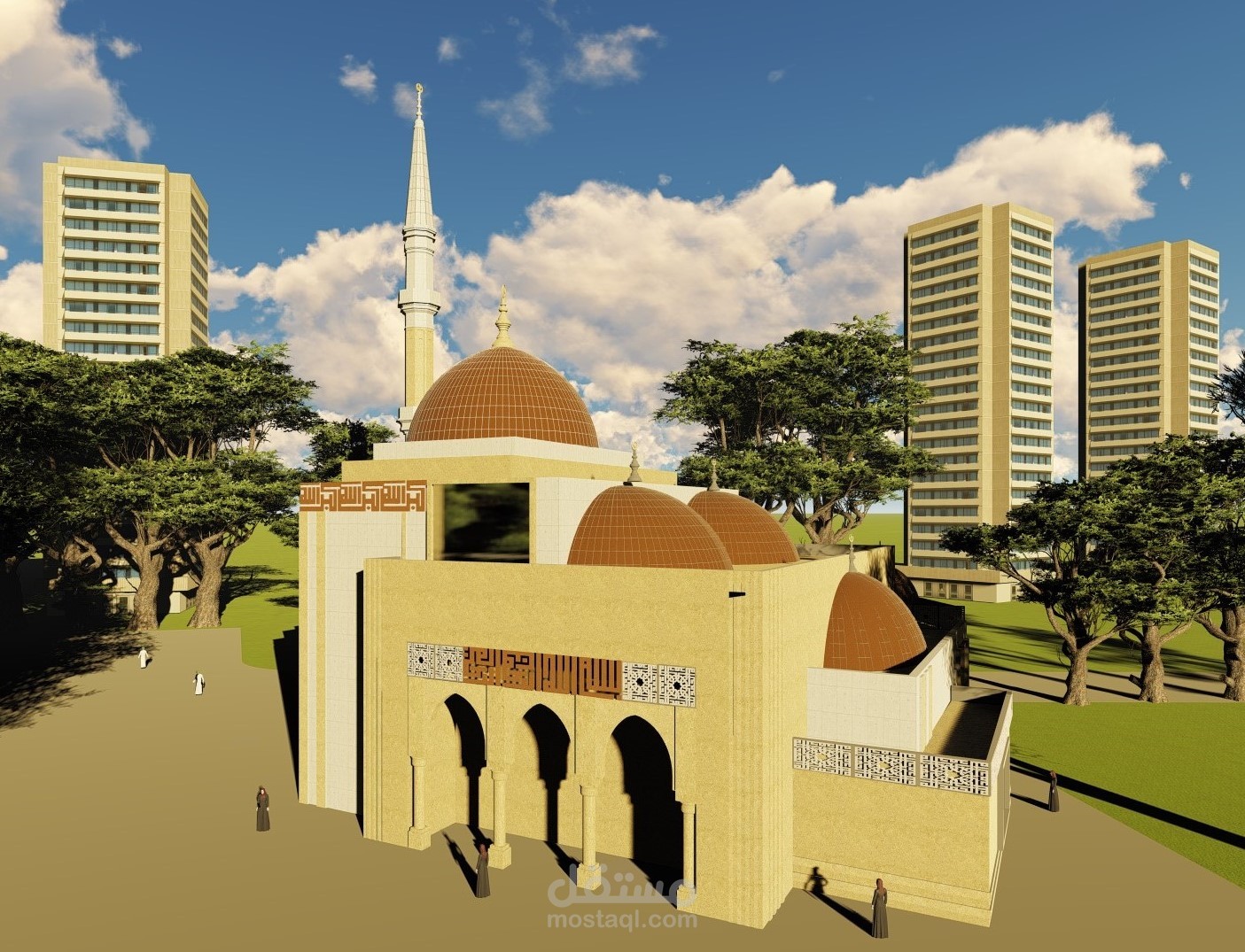 تصميم معماري لمسجد مع الاخراج.