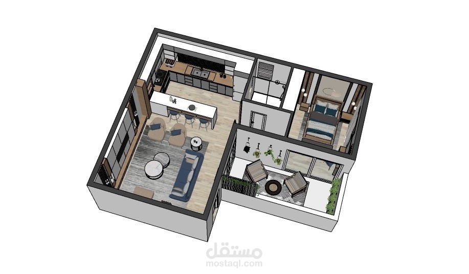 تصميم استوديو سكني بمساحة 70 متر مربع.