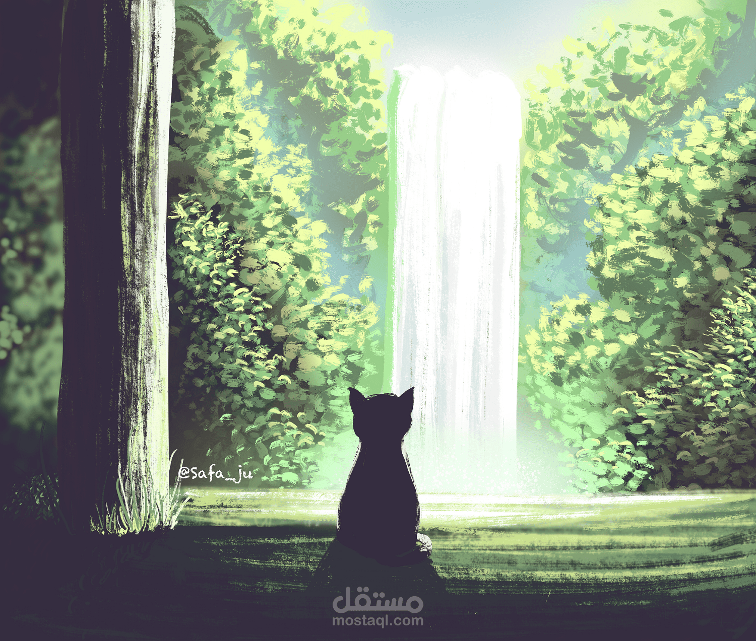رسمة منظر طبيعي مع قطة رسم ديجيتال
