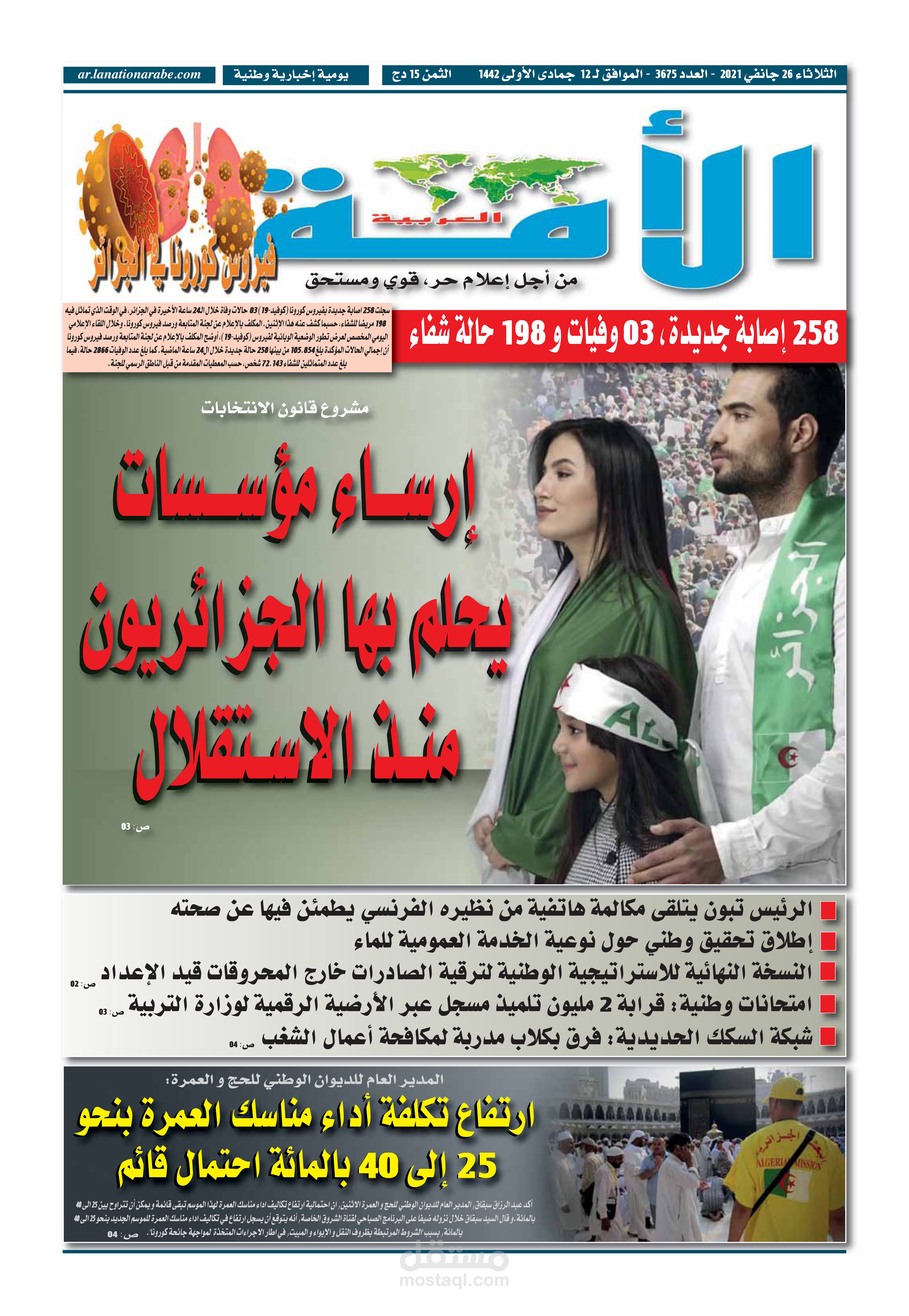 تصميم الصفحة الأولى لجريدة الأمة العربية بالجزائر