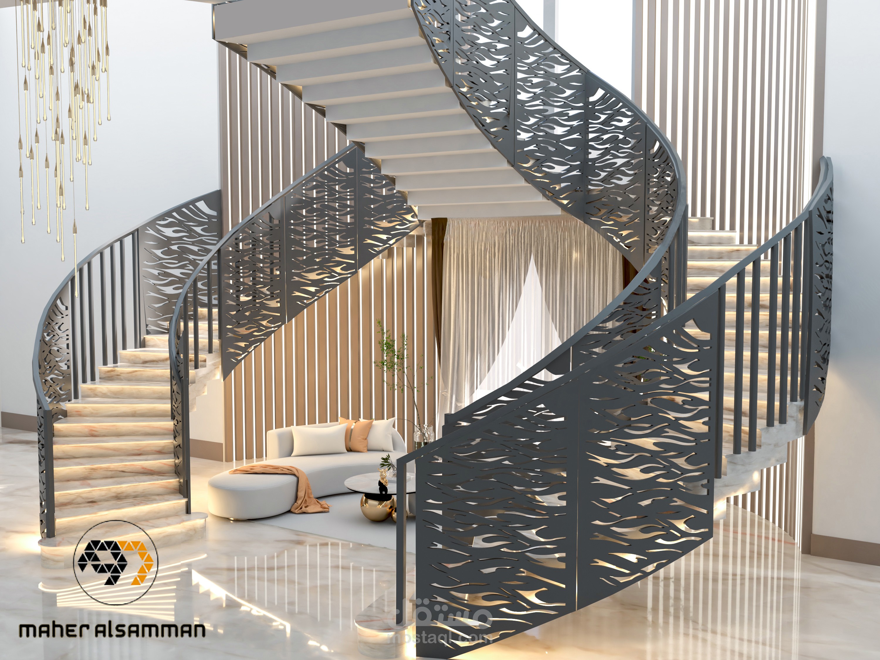 تصميم ركن جلوس مع درج