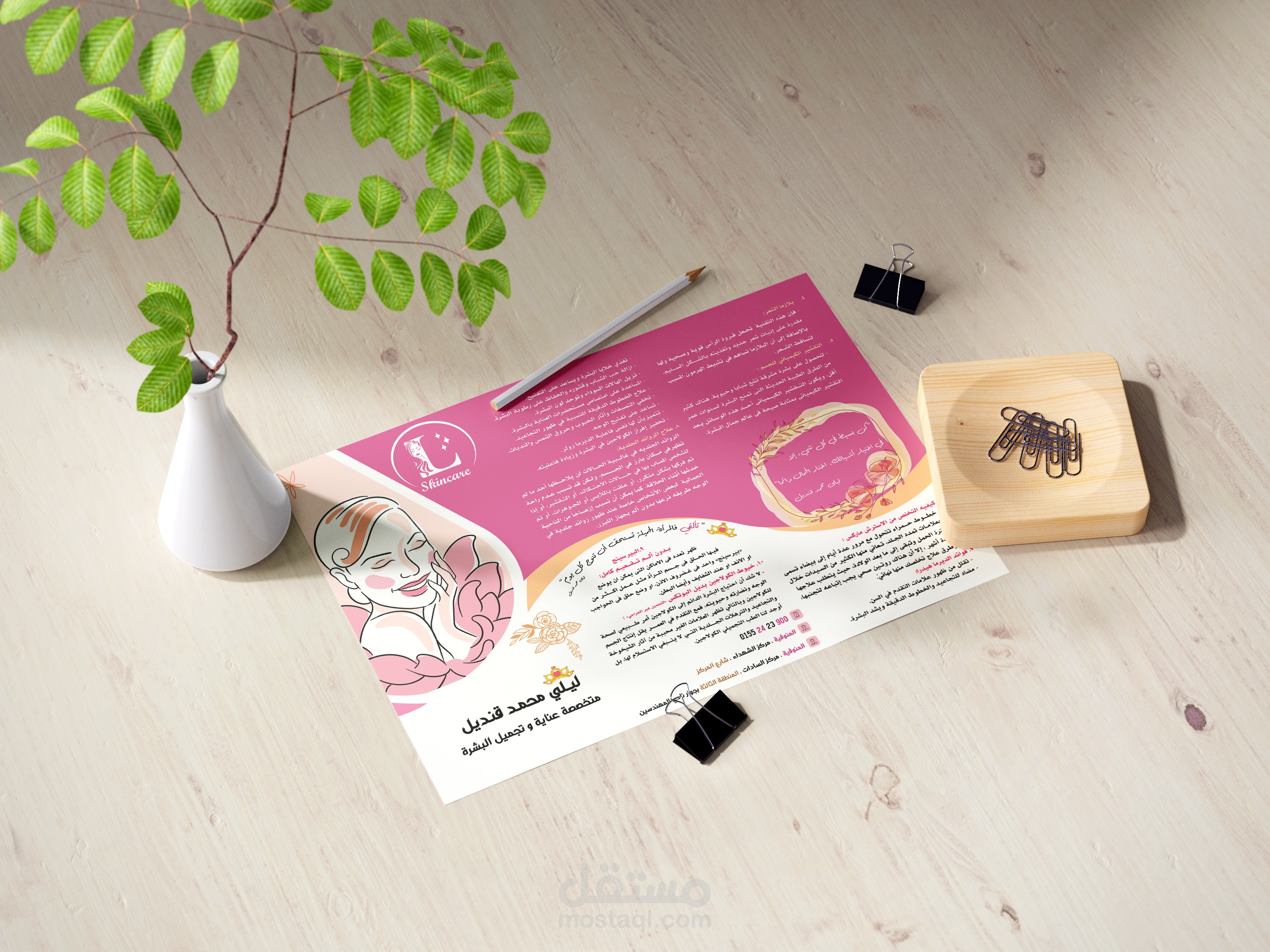 تصميم شعار و كارت شخصي و مطوية لطبيبة متخصصة في العناية بالبشرة