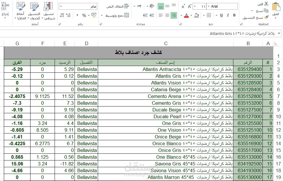 كشف جرد اصناف بورسلان باستحدام الاكسل.