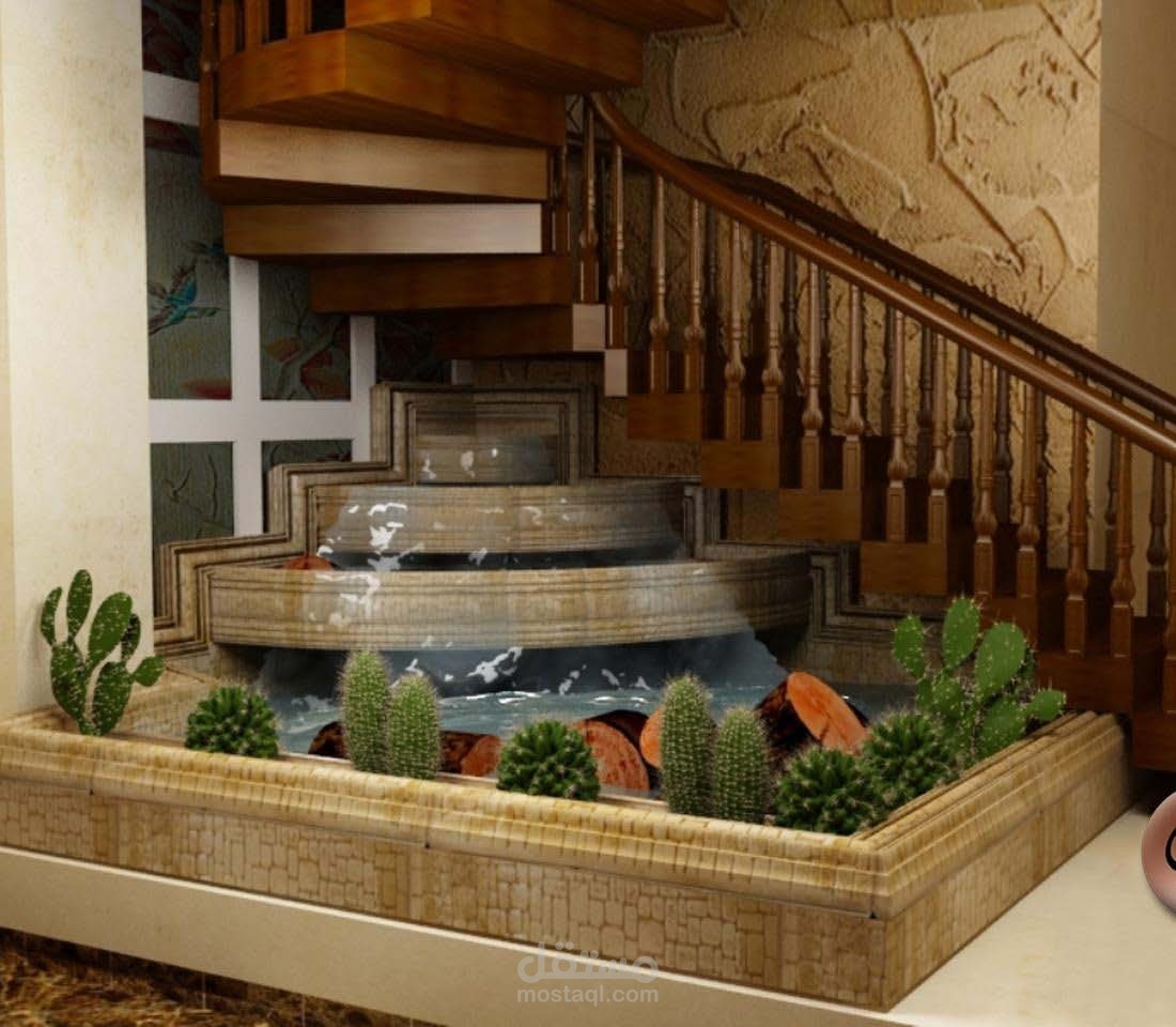 سلم داخلي مع نفورة مياه