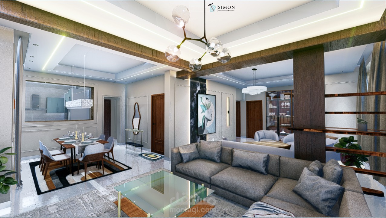 تصميم لغرفة معيشة وطعام و منطقة التلفاز