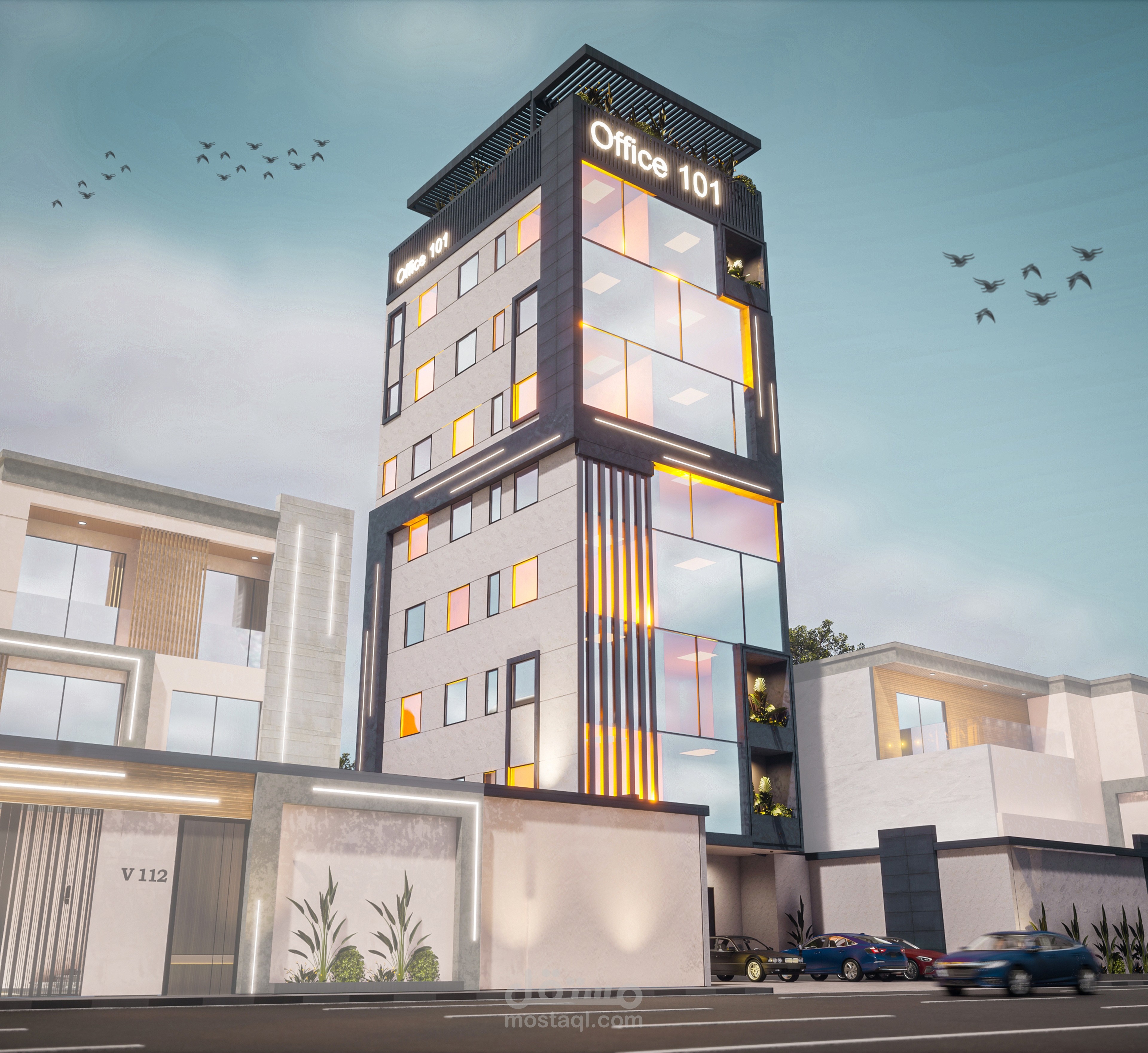 تصميم مبنى إداري حديث بواجهة زجاجية وجراج خاص في قلب السعودية