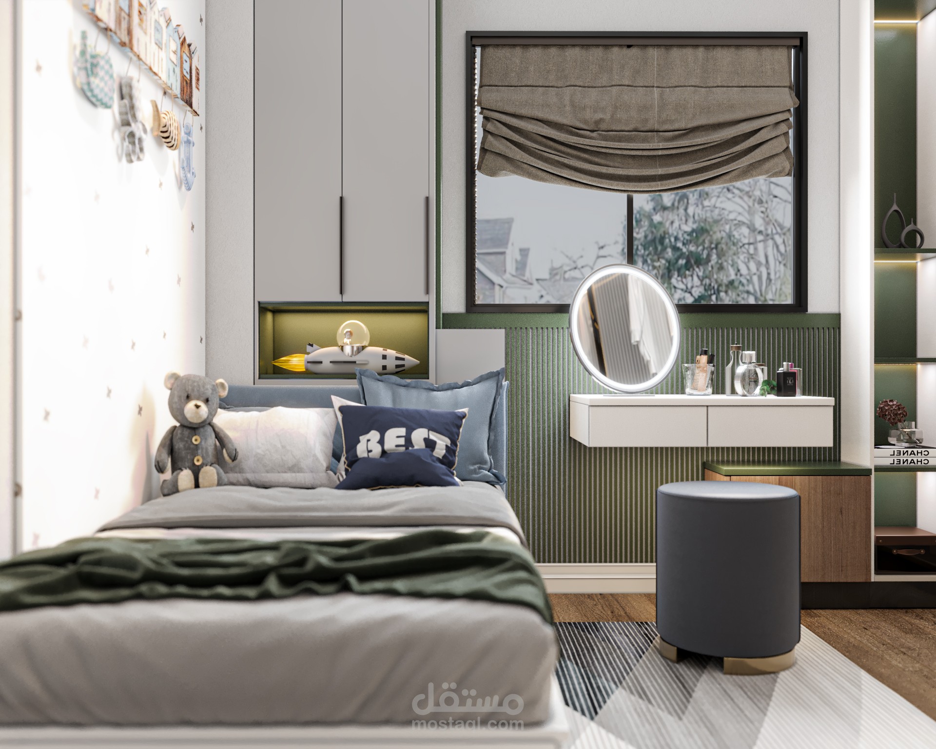 تصميم داخلي مبتكر لغرفة أطفال: دولاب تخزين كبير ودلفات زجاج مع إضاءات مخفية