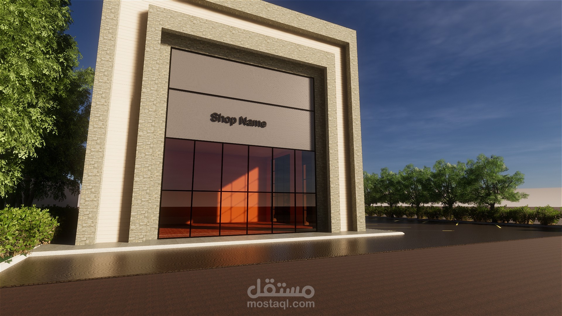 تصميم واجهة ولاندسكيب واضاءة لماركت ملحق به كافيه