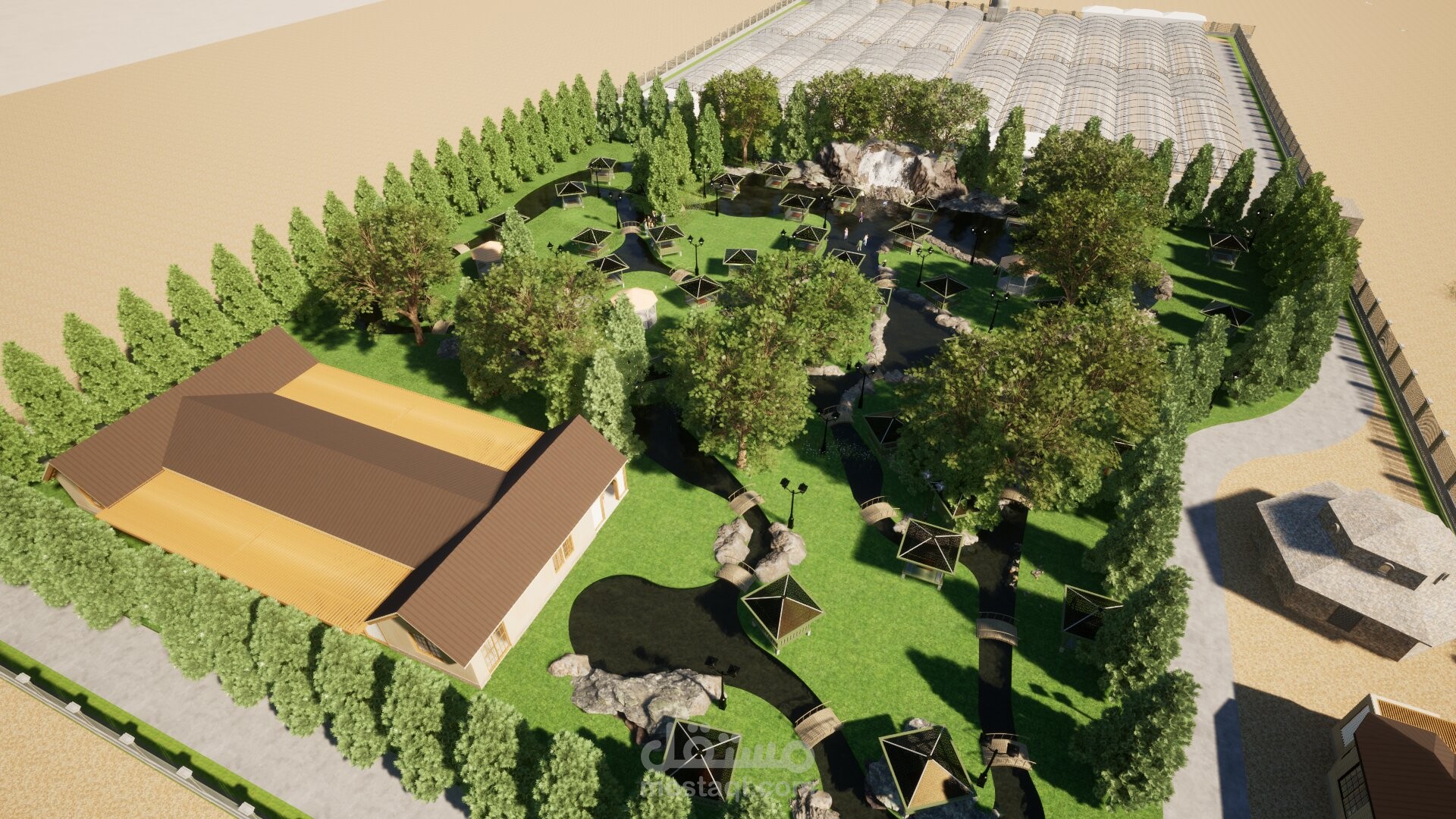 تجسيد فكرة مشروع مزرعة رأسية مع منطقة ترفيهية ومطاعم مائية