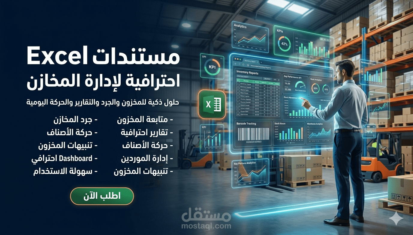 نظام Excel احترافي لإدارة المخزون والمستودعات مع لوحة تحكم تفاعلية