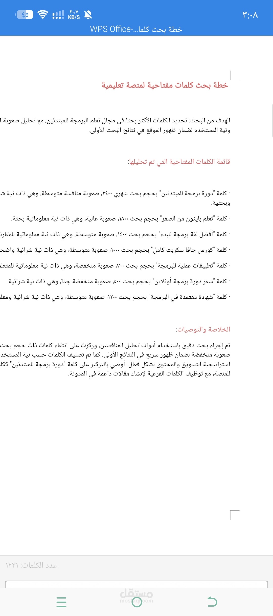خطة بحث كلمات مفتاحية لمنصة تعليمية