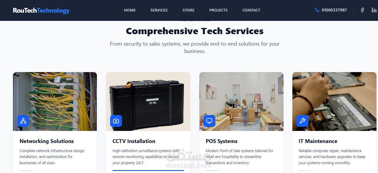 انشاء صفحة ويب احترافية لشركة متخصصة في كاميرات المراقبة والشبكات تحتوي على عرض الخدمات ومعرض المشاريع