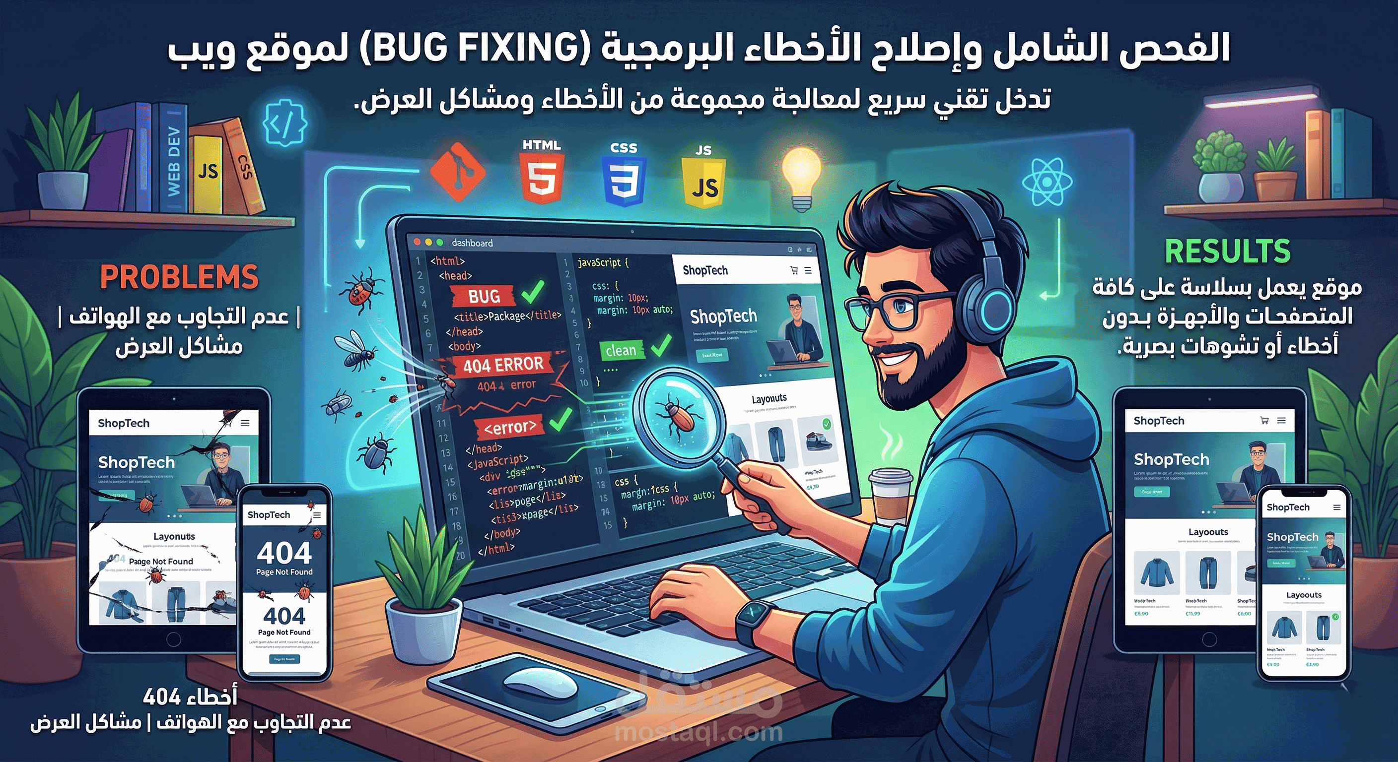 الفحص الشامل وإصلاح الأخطاء البرمجية Bug Fixing لموقع ويب