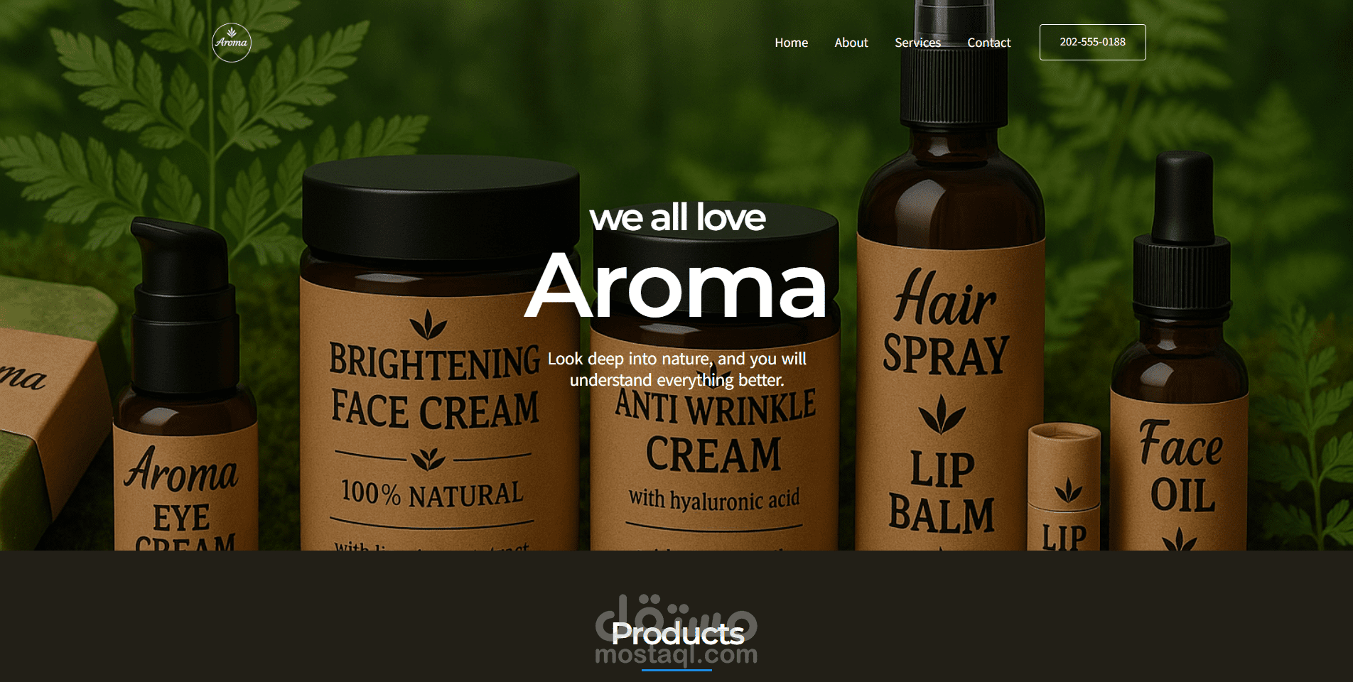 تصميم واجهة موقع ومنتجات لعلامة تجارية طبيعية – Aroma | عناية بالبشرة والشعر والجسم