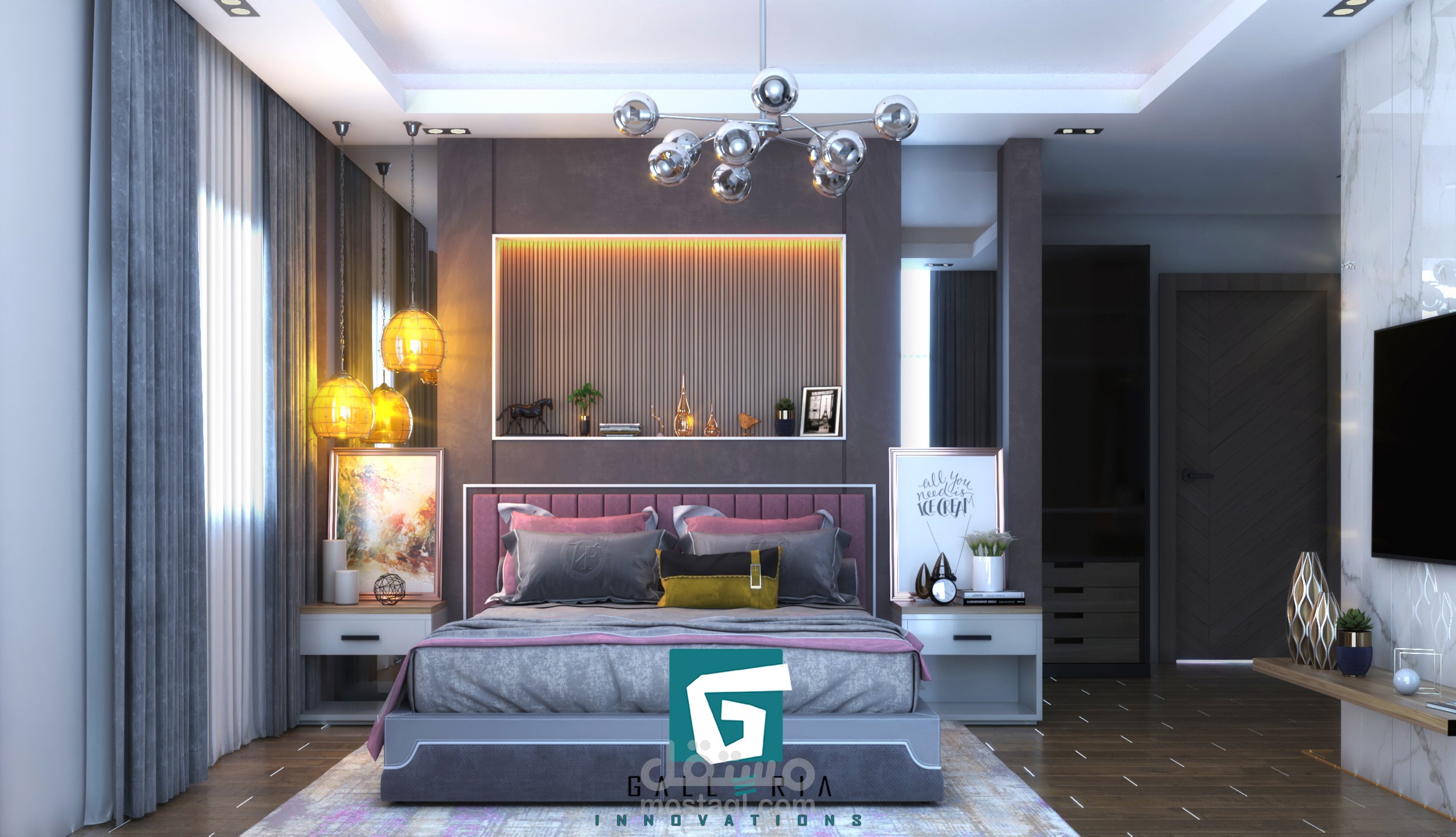 تصميم غرفة نوم رئيسية مع غرفة ملابس