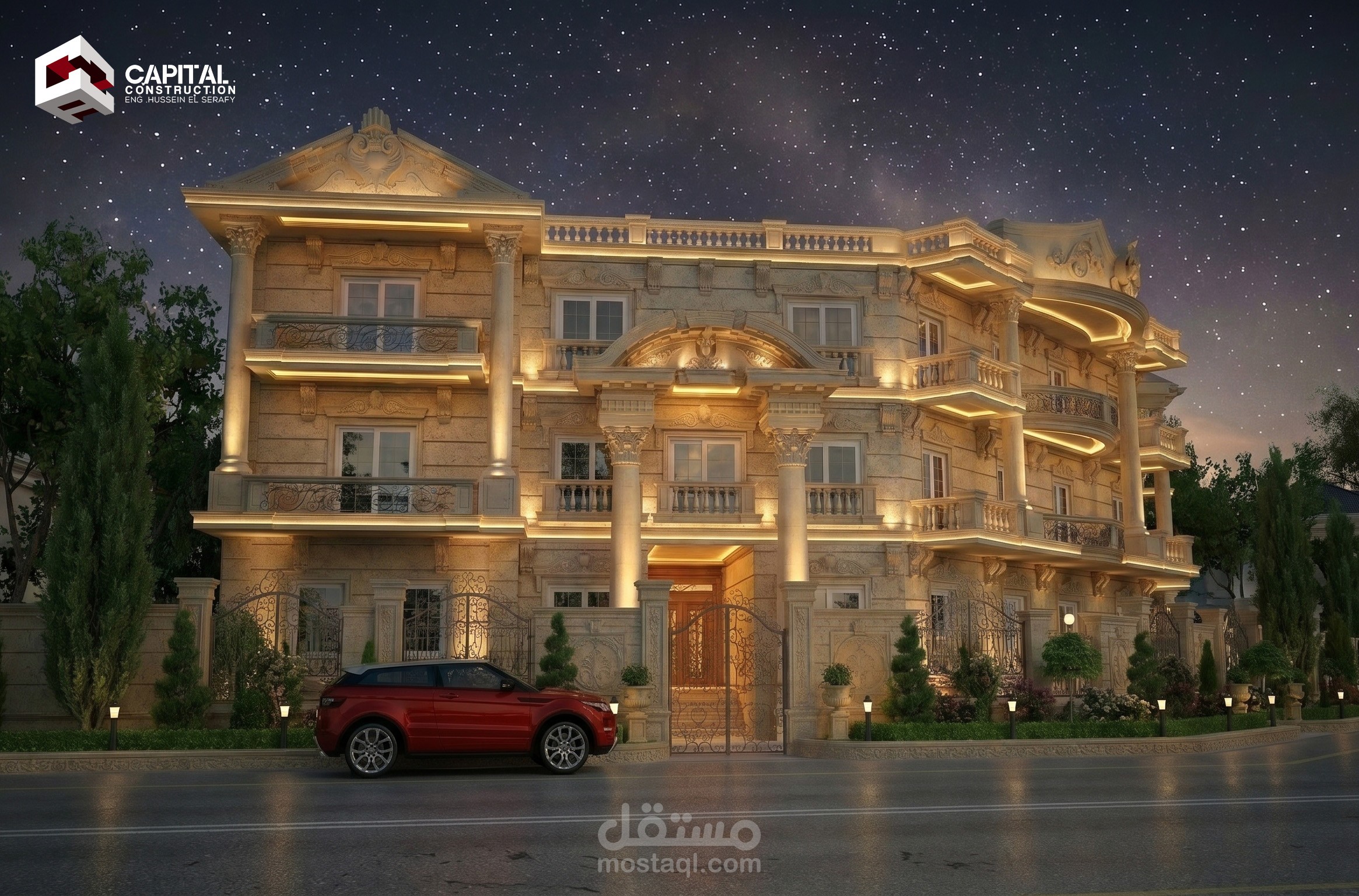 تصميم معماري وإظهار خارجي لفيلا نيوكلاسيك على الطراز الاوروبي