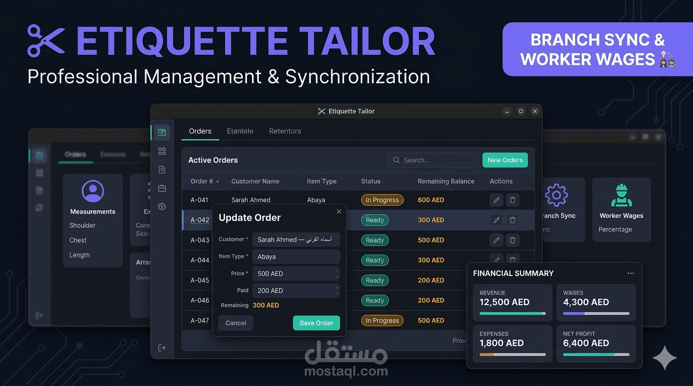 نظام متكامل لإدارة مشاغل الخياطة النسائية والفروع (Desktop & Sync)