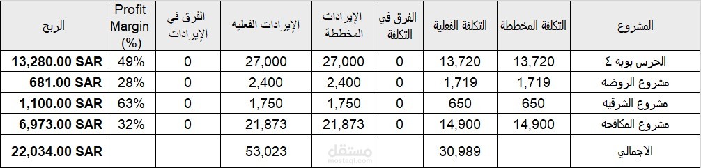 ملخص أداء المشاريع