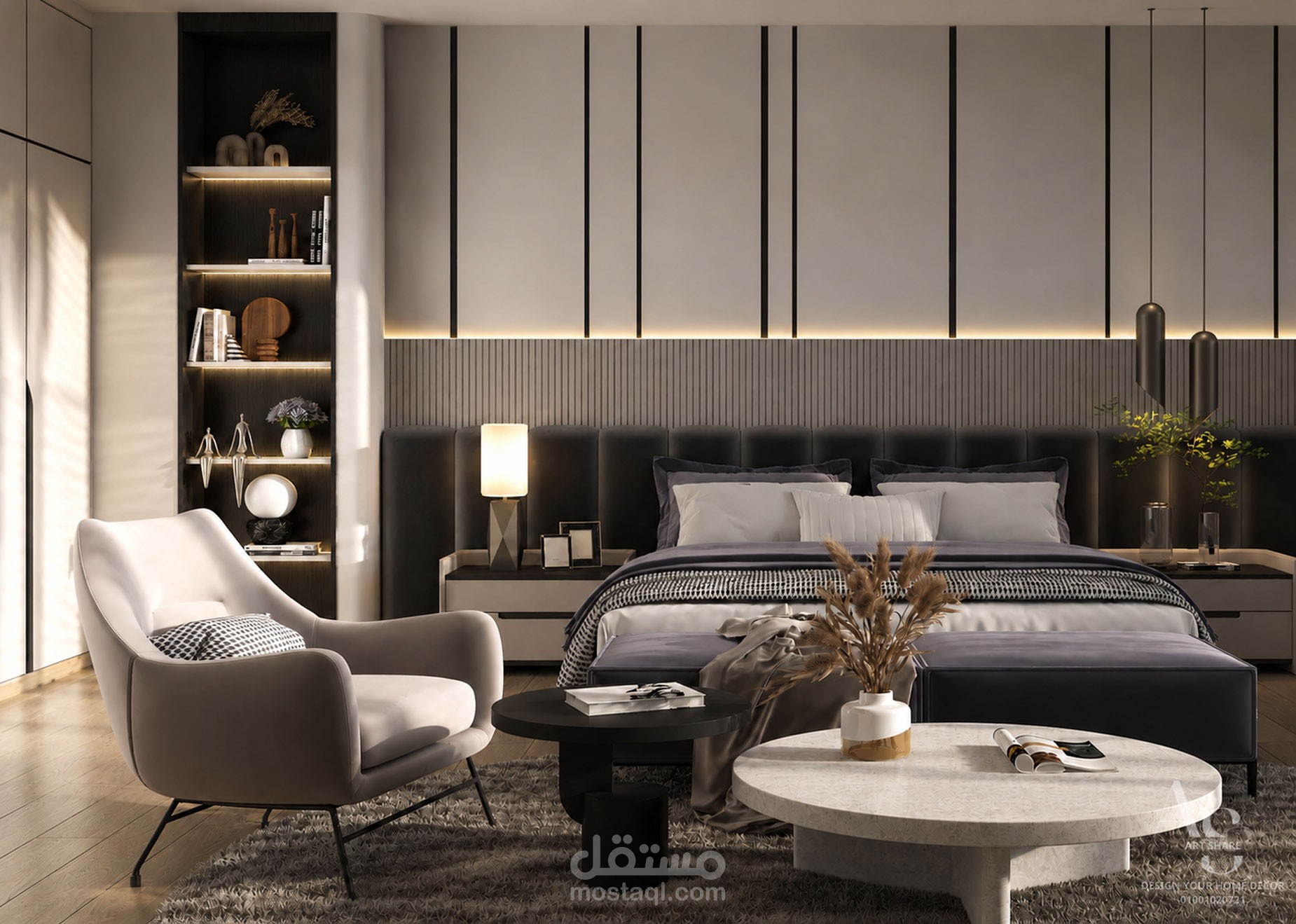 تصميم غرفة نوم مودرن بإخراج واقعي فاخر