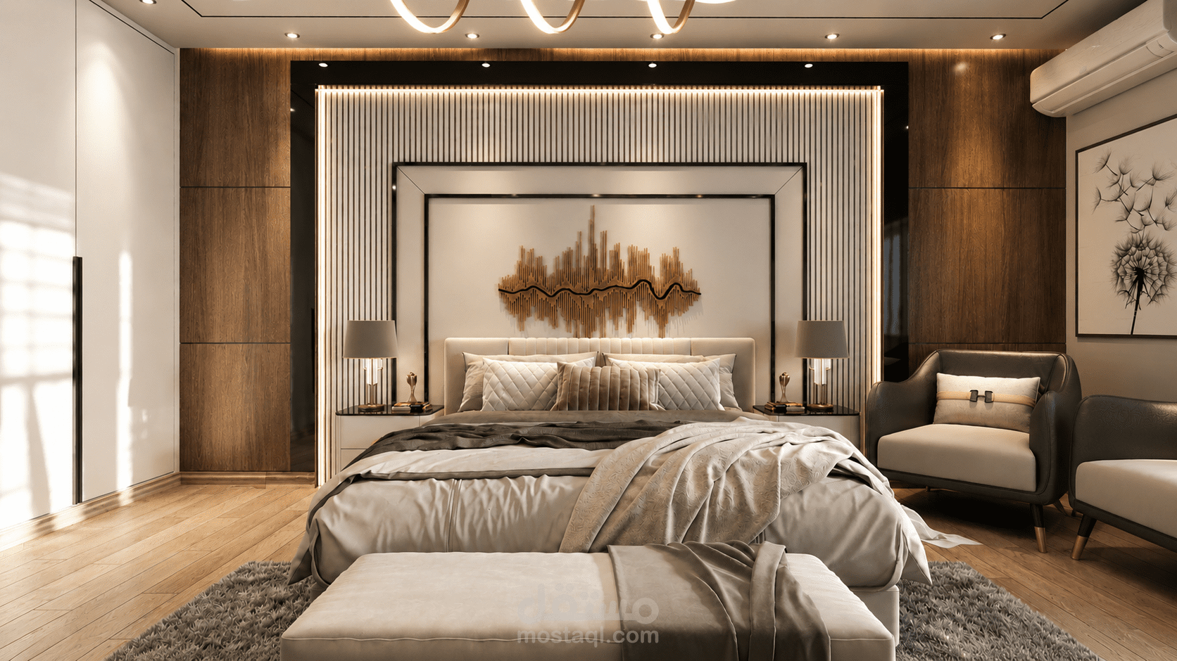 تصميم غرفة نوم رئيسية (Master Bedroom) – تصميم داخلي فاخر