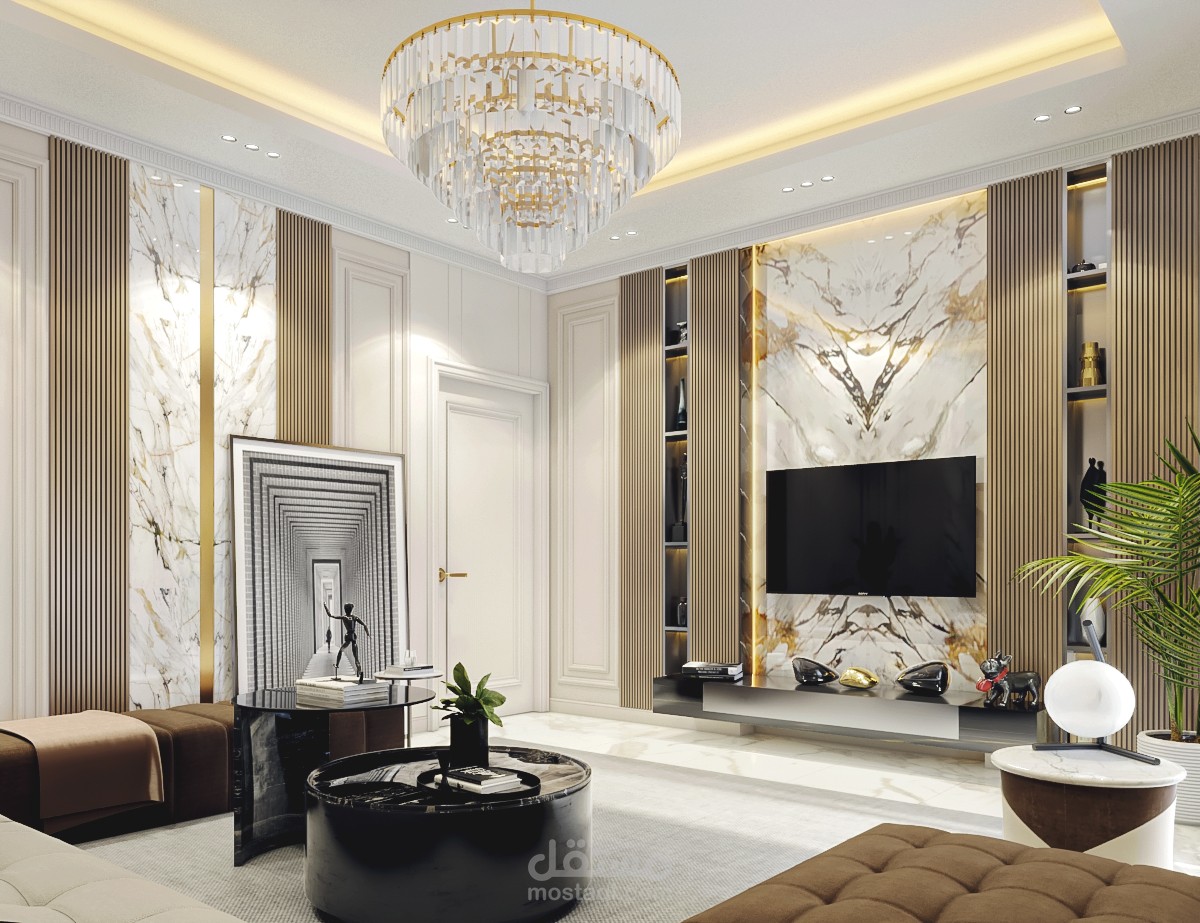 تصميم living علي الطراز newclassic بالوان هادئة