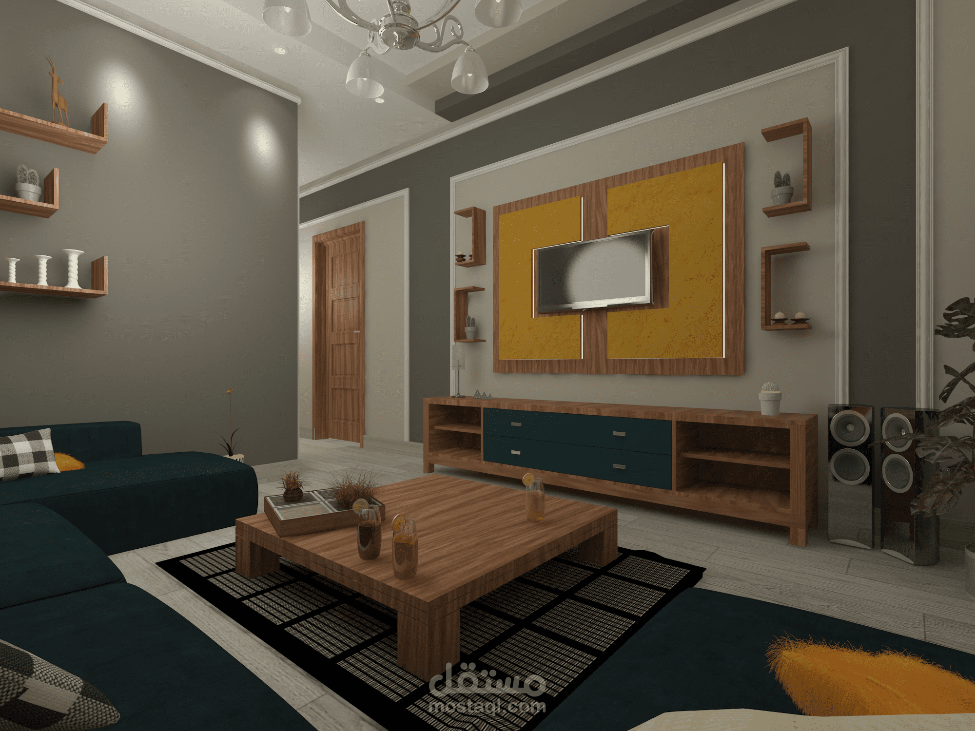 تصميم داخلي لغرفة معيشه في شقه دوبلكس