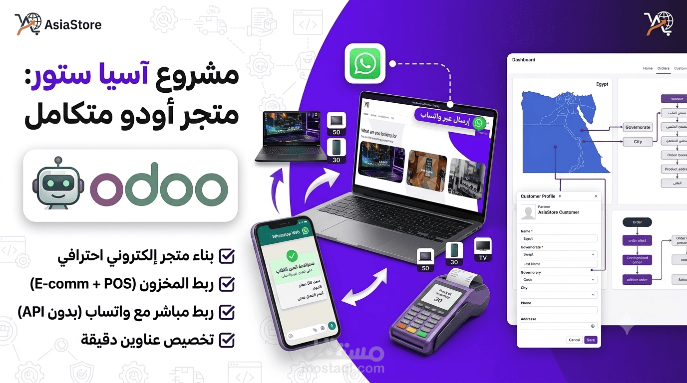 بناء متجر إلكتروني متكامل على Odoo وربطه بنقاط البيع، المخزون، ورسائل الواتساب (AsiaStore)
